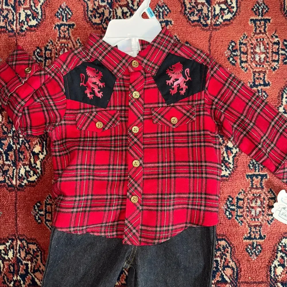 Glamajama Baby Boy 3-6 Mo. NWT Red Flannel Shirt‎ + Jeans Outfit